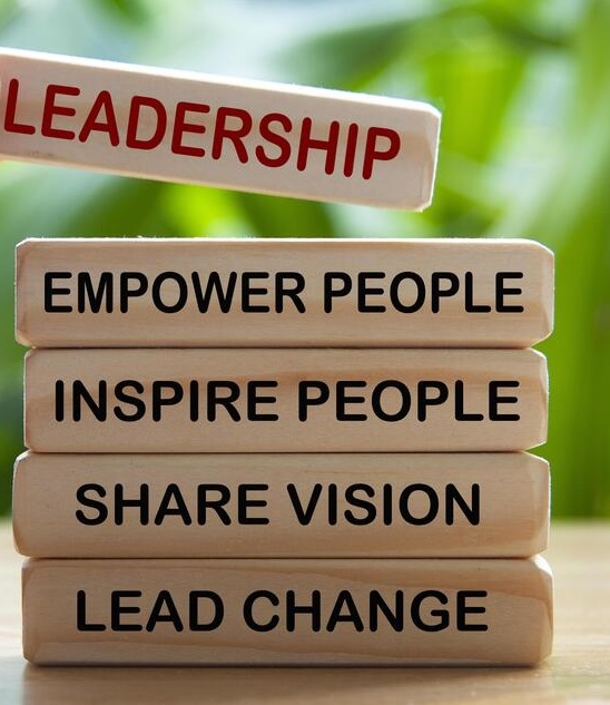 wooden blocks with text leadership empower people inspire people share vision lead change photo